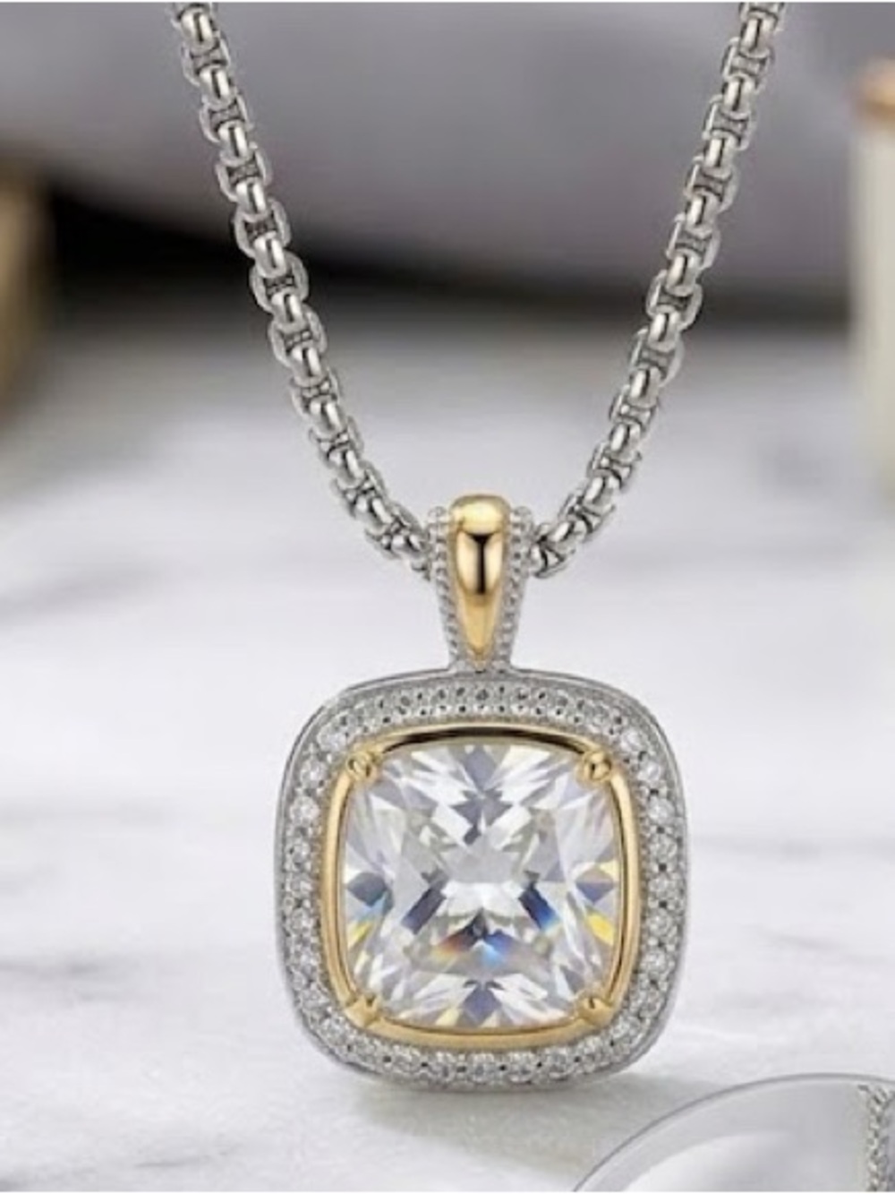 New 10CT Two-Tone Lab White Sapphire Cushion Pendant Necklace